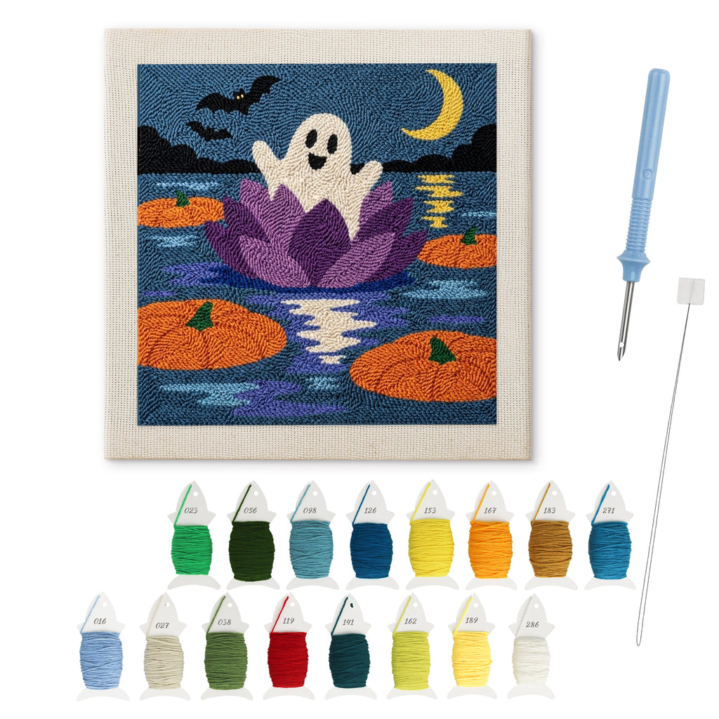Water Lily Ghost punch needle kit: finished canvas with threads, punch needle and threader