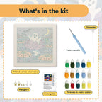 What is in the Water Lily Ghost kit: printed canvas, punch needle, threader, threads, color guide and hangers
