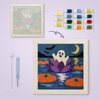 Water Lily Ghost canvas before and after punching, with the threads and tools