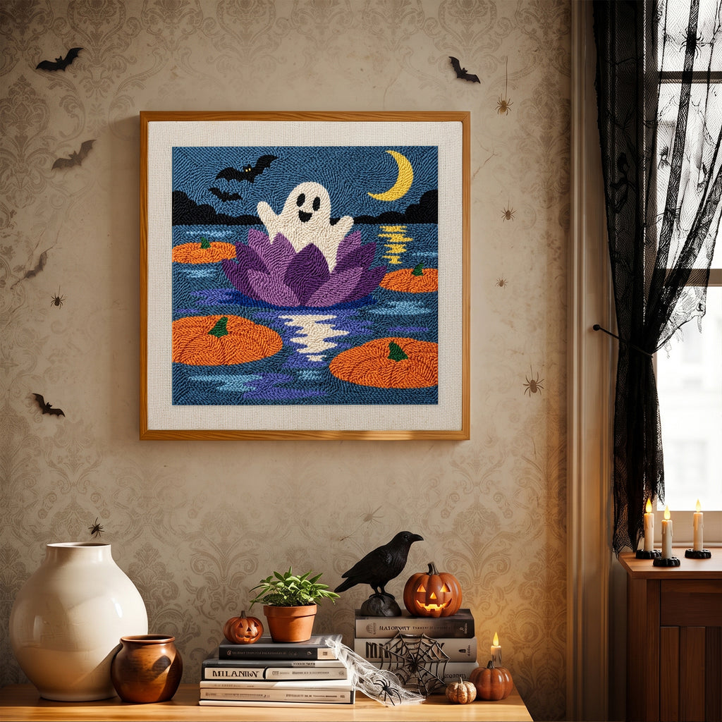 Finished Water Lily Ghost punch needle canvas on a wall