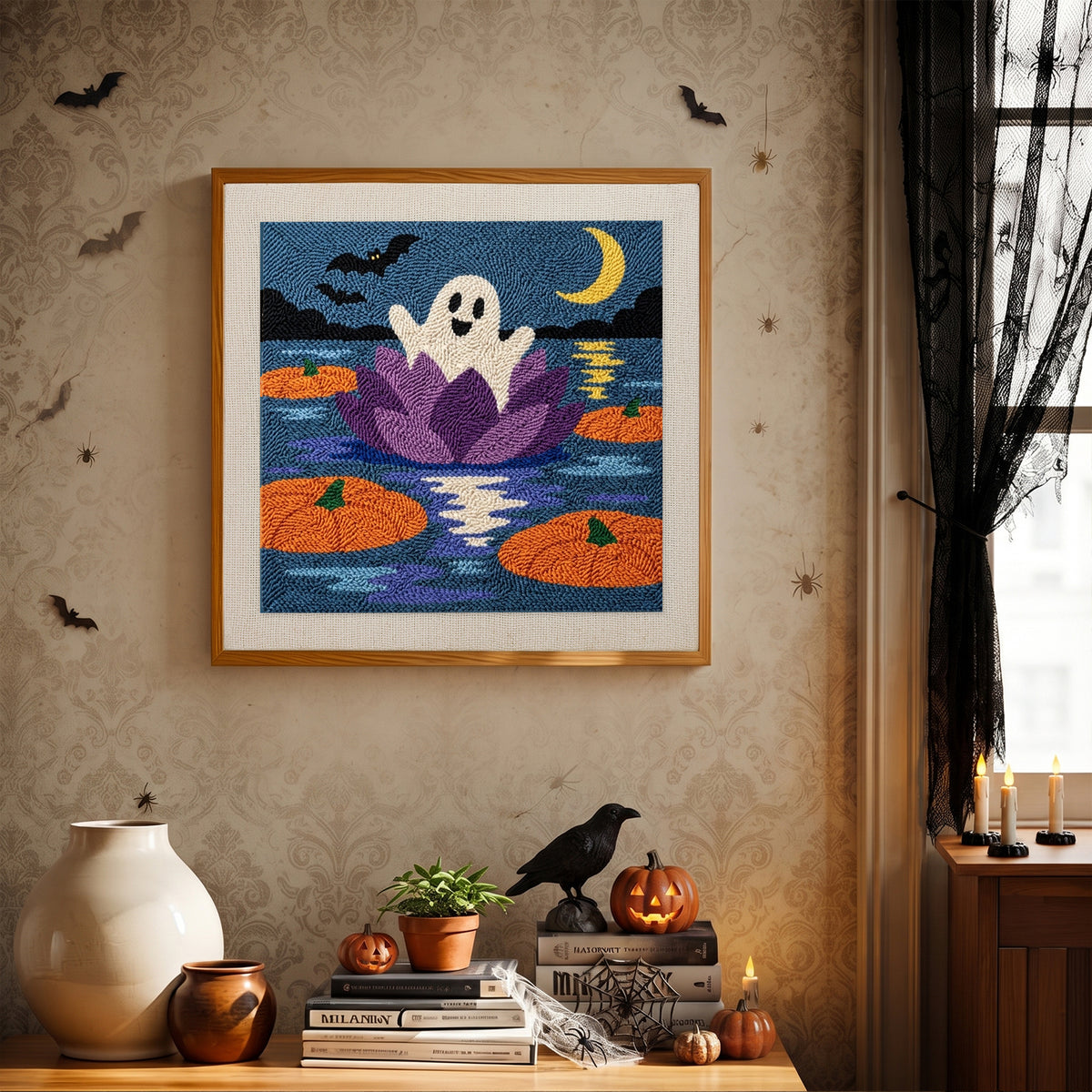 Finished Water Lily Ghost punch needle canvas on a wall