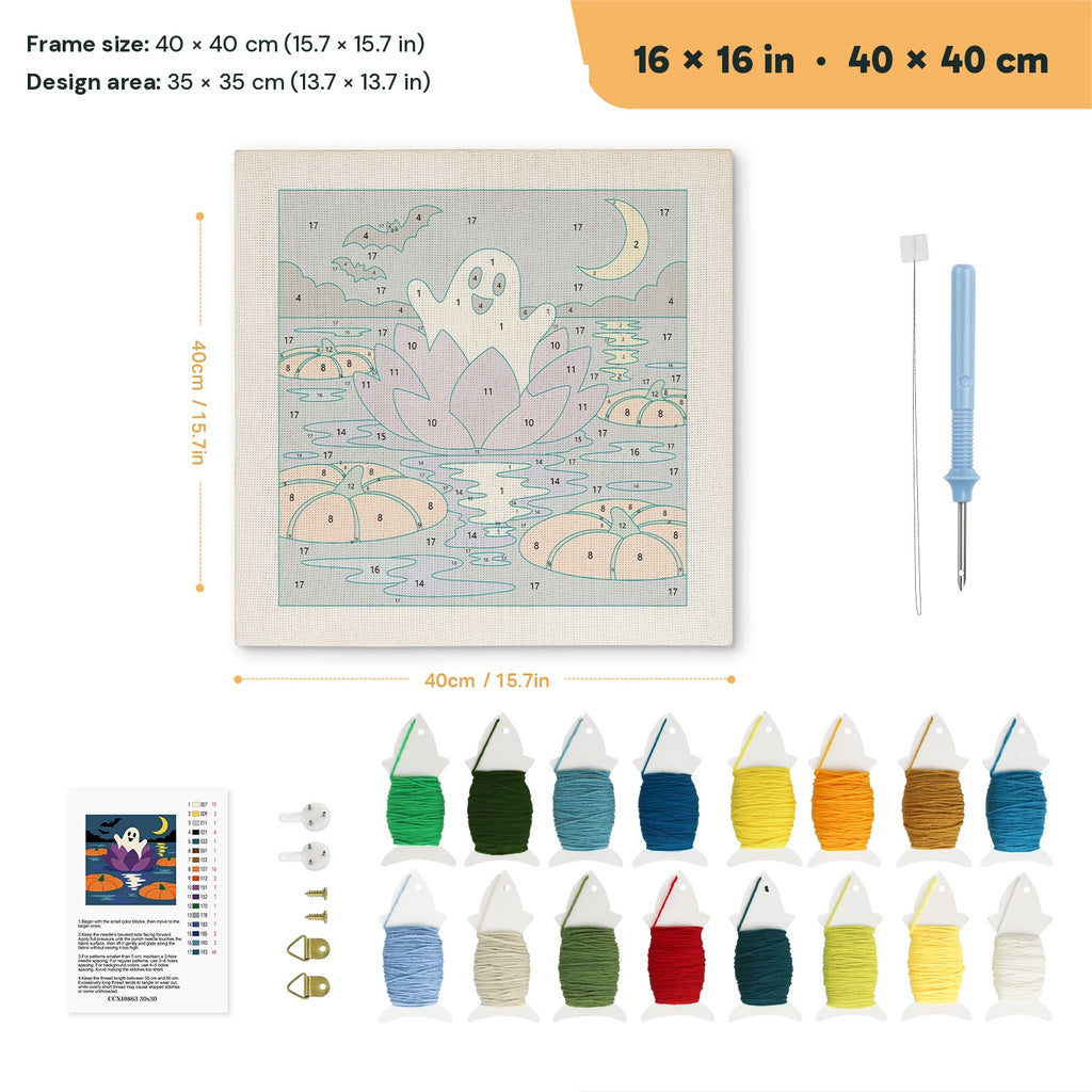 Water Lily Ghost punch needle kit, 16 × 16 in (40 × 40 cm): canvas size and kit contents