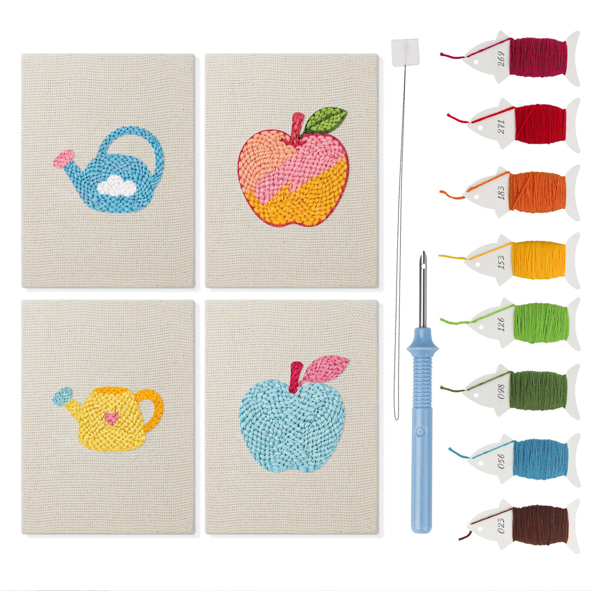 Watering Can Apples mini punch needle kit set: four finished canvases with threads, punch needle and threader
