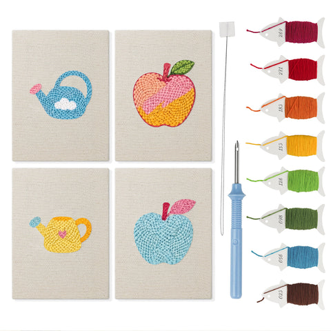 Watering Can Apples mini punch needle kit set: four finished canvases with threads, punch needle and threader