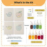 What is in the Watering Can Apples set: 4 printed canvases, punch needle, threader, threads, color guide and 4 sets of hangers (6 × 8 in (15 × 20 cm) each)