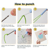 Six steps showing how to thread and use the punch needle