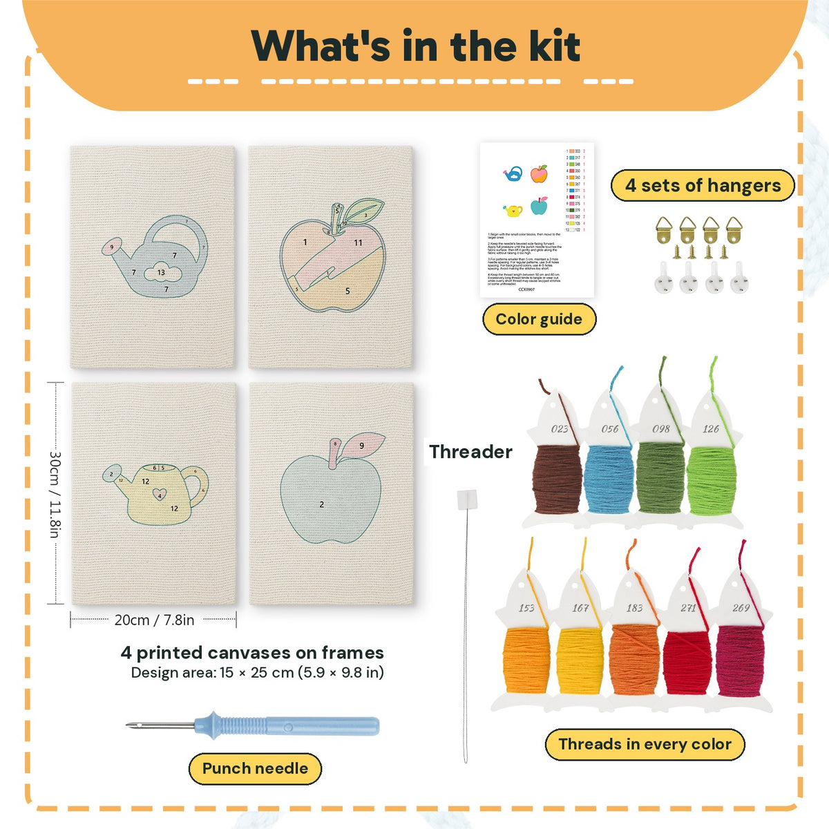 What is in the Watering Can Apples set, 8 × 12 in (20 × 30 cm) each: 4 printed canvases, punch needle, threader, threads, color guide and 4 sets of hangers