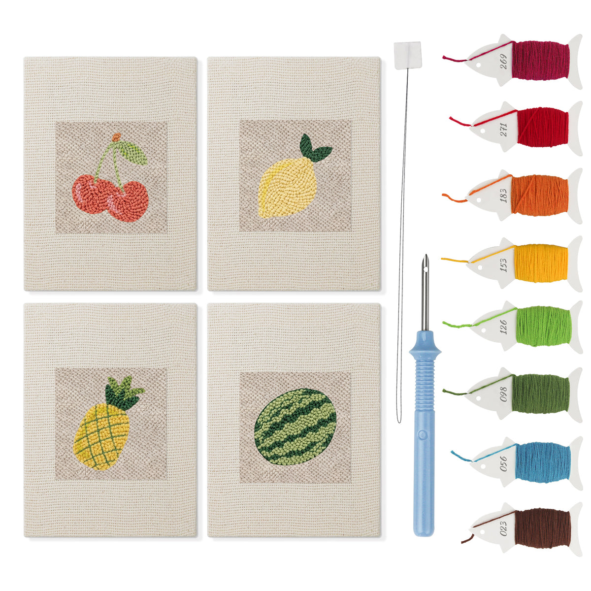 Watermelon and Lemon mini punch needle kit set: four finished canvases with threads, punch needle and threader