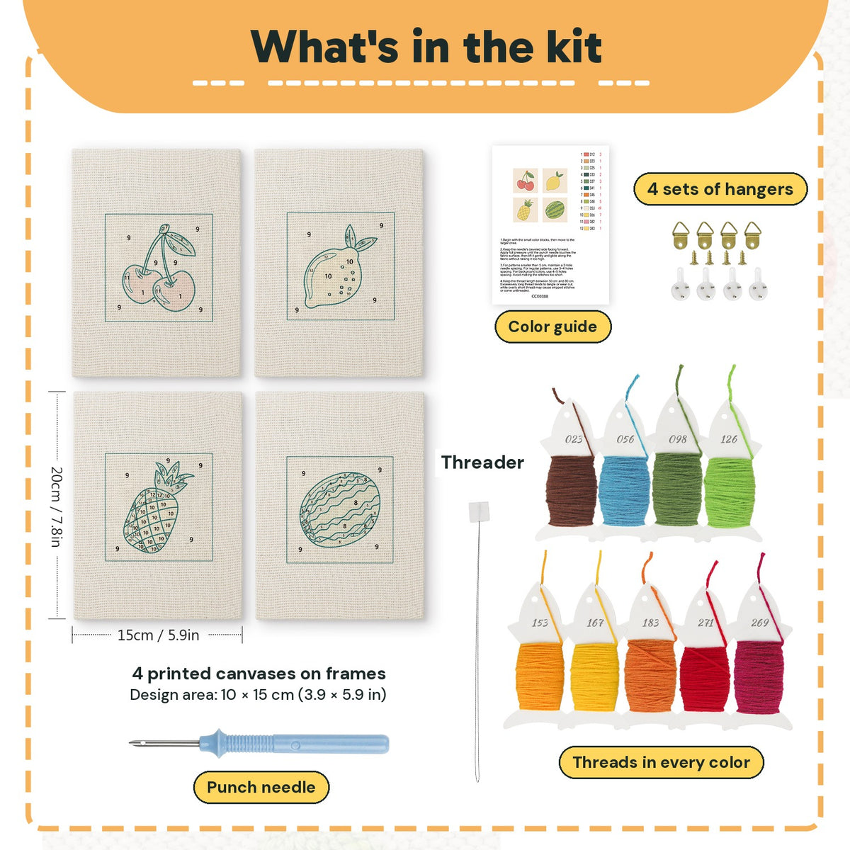 What is in the Watermelon and Lemon set: 4 printed canvases, punch needle, threader, threads, color guide and 4 sets of hangers (6 × 8 in (15 × 20 cm) each)