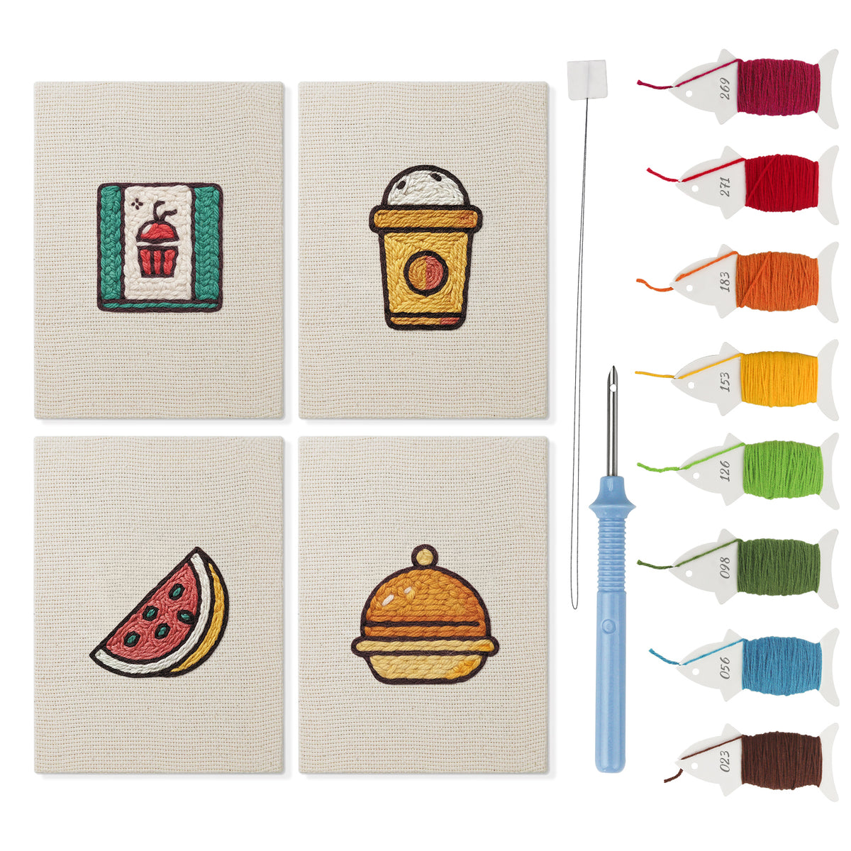 Watermelon Lunch mini punch needle kit set: four finished canvases with threads, punch needle and threader