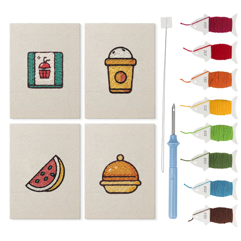 Watermelon Lunch mini punch needle kit set: four finished canvases with threads, punch needle and threader