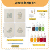 What is in the Watermelon Lunch set, 8 × 12 in (20 × 30 cm) each: 4 printed canvases, punch needle, threader, threads, color guide and 4 sets of hangers
