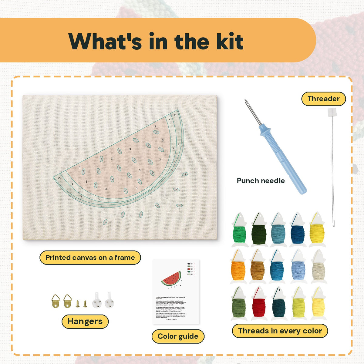 What is in the Watermelon Slice kit: printed canvas, punch needle, threader, threads, color guide and hangers