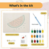 What is in the Watermelon Slice kit: printed canvas, punch needle, threader, threads, color guide and hangers