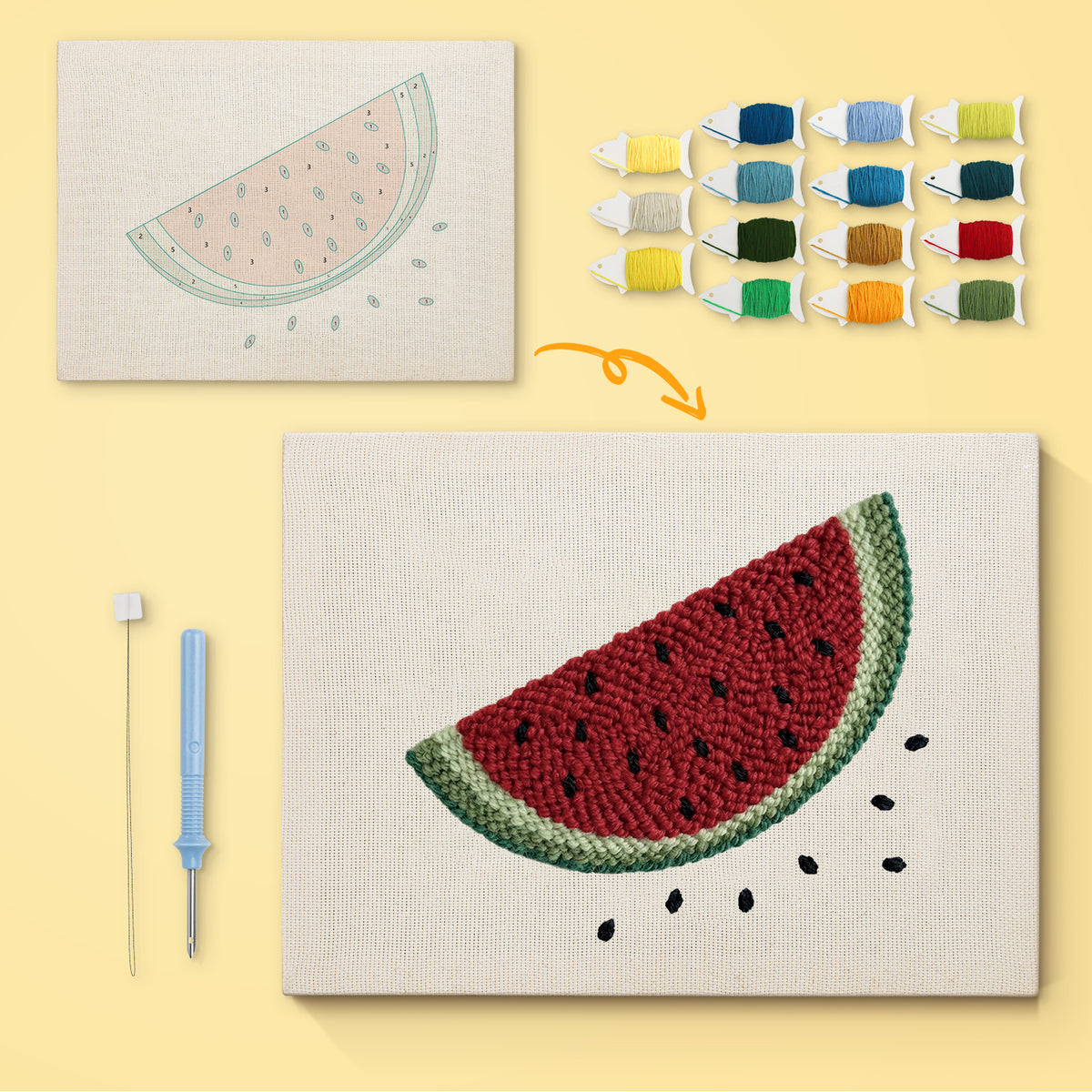 Watermelon Slice canvas before and after punching, with the threads and tools