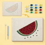 Watermelon Slice canvas before and after punching, with the threads and tools