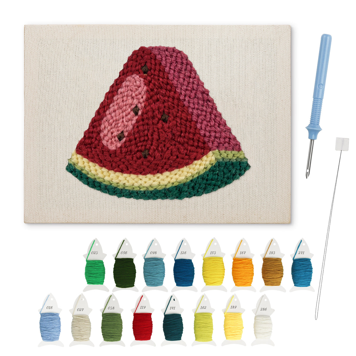 Watermelon Wedge punch needle kit: finished canvas with threads, punch needle and threader