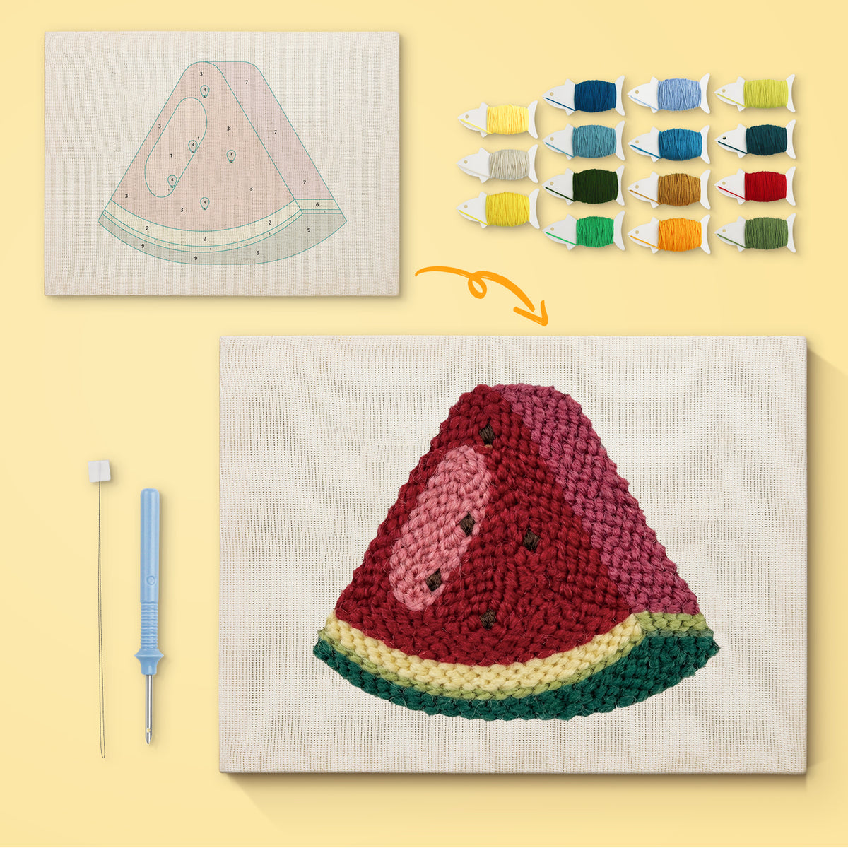 Watermelon Wedge canvas before and after punching, with the threads and tools