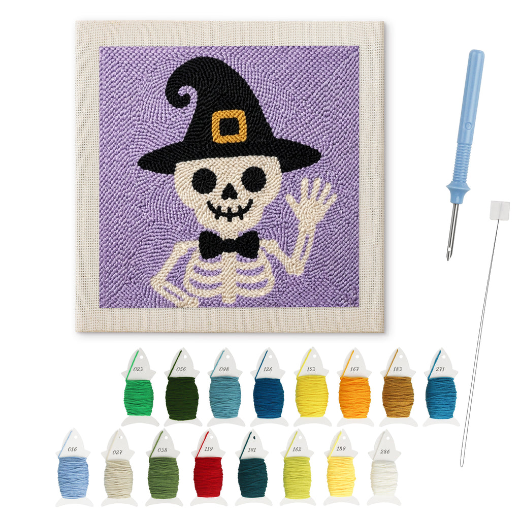 Waving Skeleton punch needle kit: finished canvas with threads, punch needle and threader