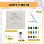 What is in the Waving Skeleton kit: printed canvas, punch needle, threader, threads, color guide and hangers