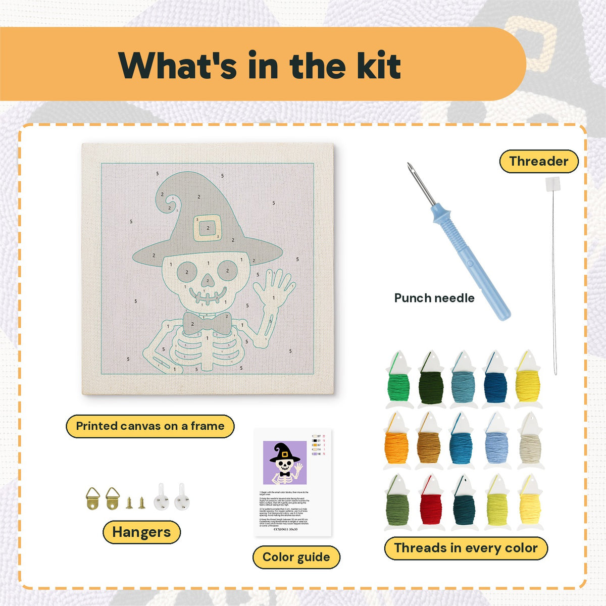 What is in the Waving Skeleton kit: printed canvas, punch needle, threader, threads, color guide and hangers