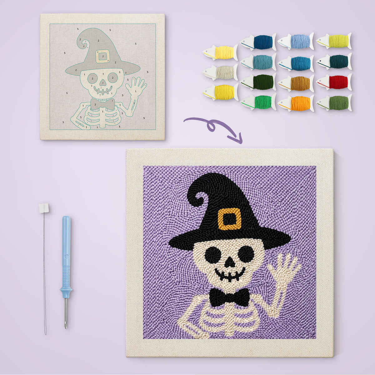 Waving Skeleton canvas before and after punching, with the threads and tools