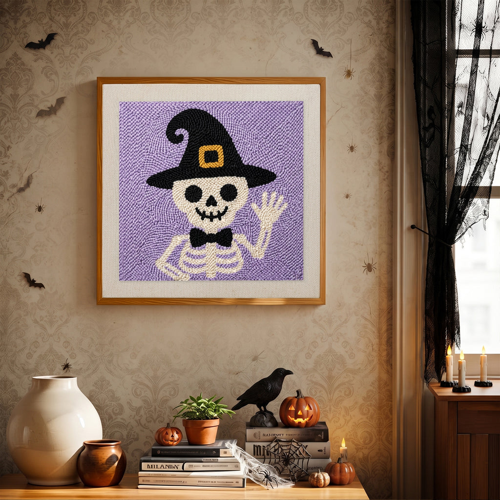 Finished Waving Skeleton punch needle canvas on a wall