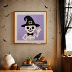 Finished Waving Skeleton punch needle canvas on a wall