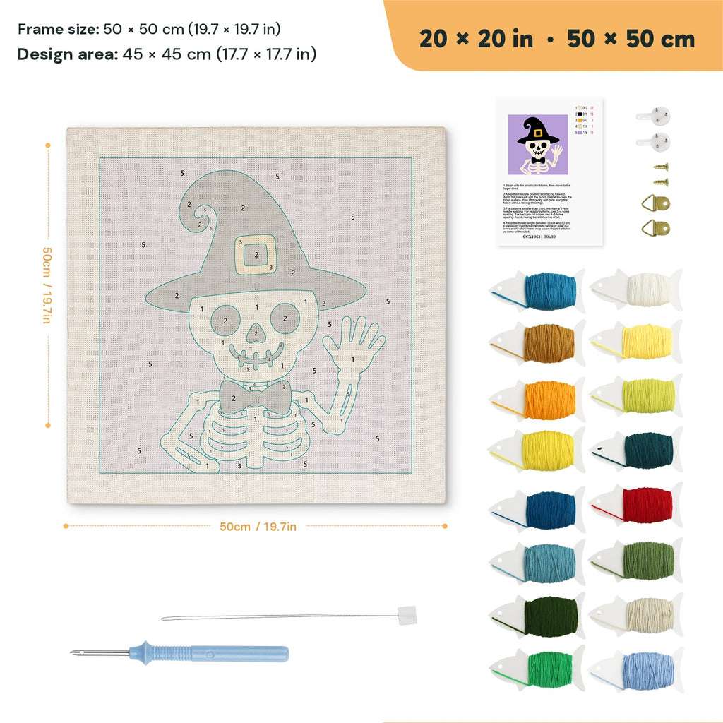 Waving Skeleton punch needle kit, 20 × 20 in (50 × 50 cm): canvas size and kit contents