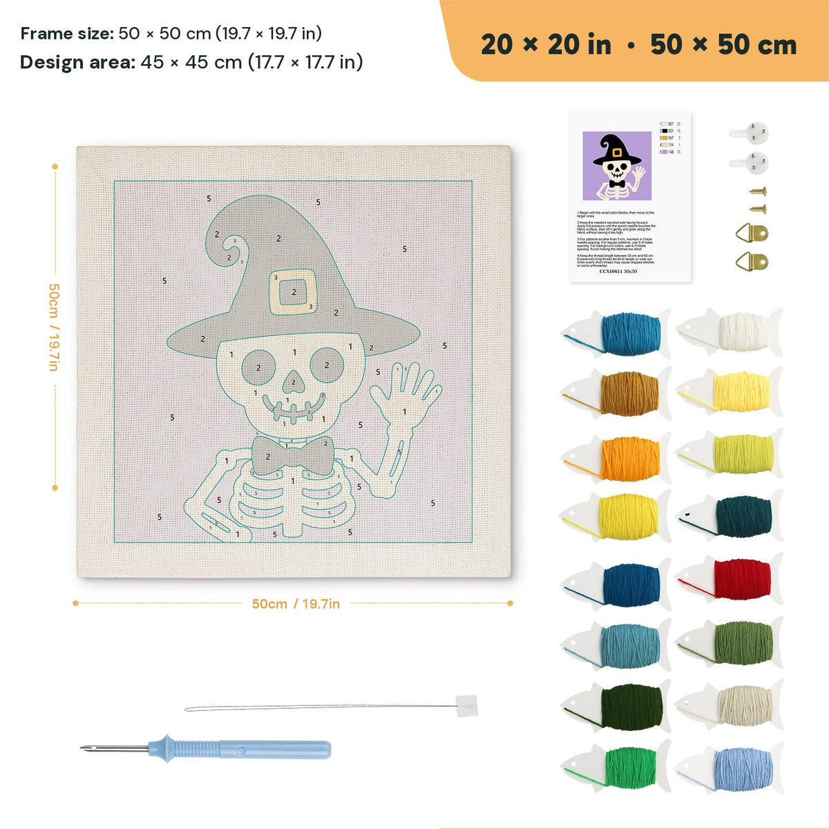 Waving Skeleton punch needle kit, 20 × 20 in (50 × 50 cm): canvas size and kit contents