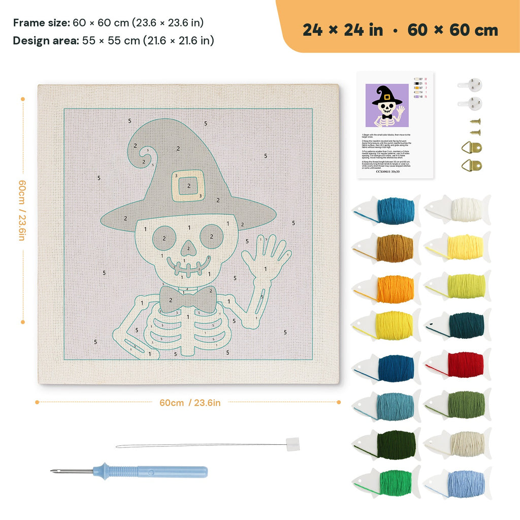 Waving Skeleton punch needle kit, 24 × 24 in (60 × 60 cm): canvas size and kit contents