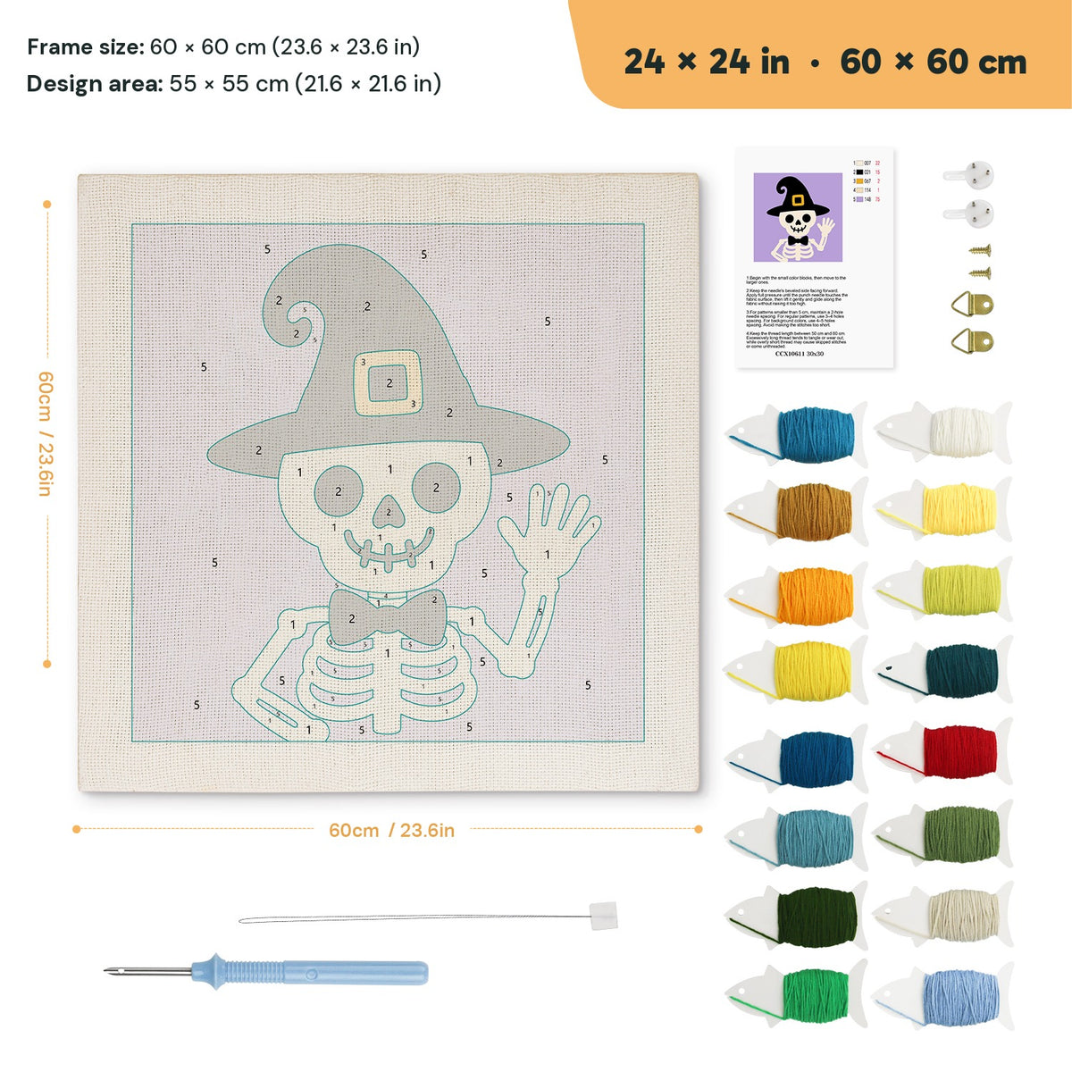 Waving Skeleton punch needle kit, 24 × 24 in (60 × 60 cm): canvas size and kit contents