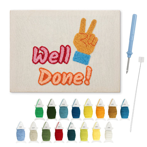 Well Done Hand punch needle kit: finished canvas with threads, punch needle and threader