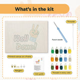 What is in the Well Done Hand kit: printed canvas, punch needle, threader, threads, color guide and hangers
