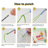 Six steps showing how to thread and use the punch needle