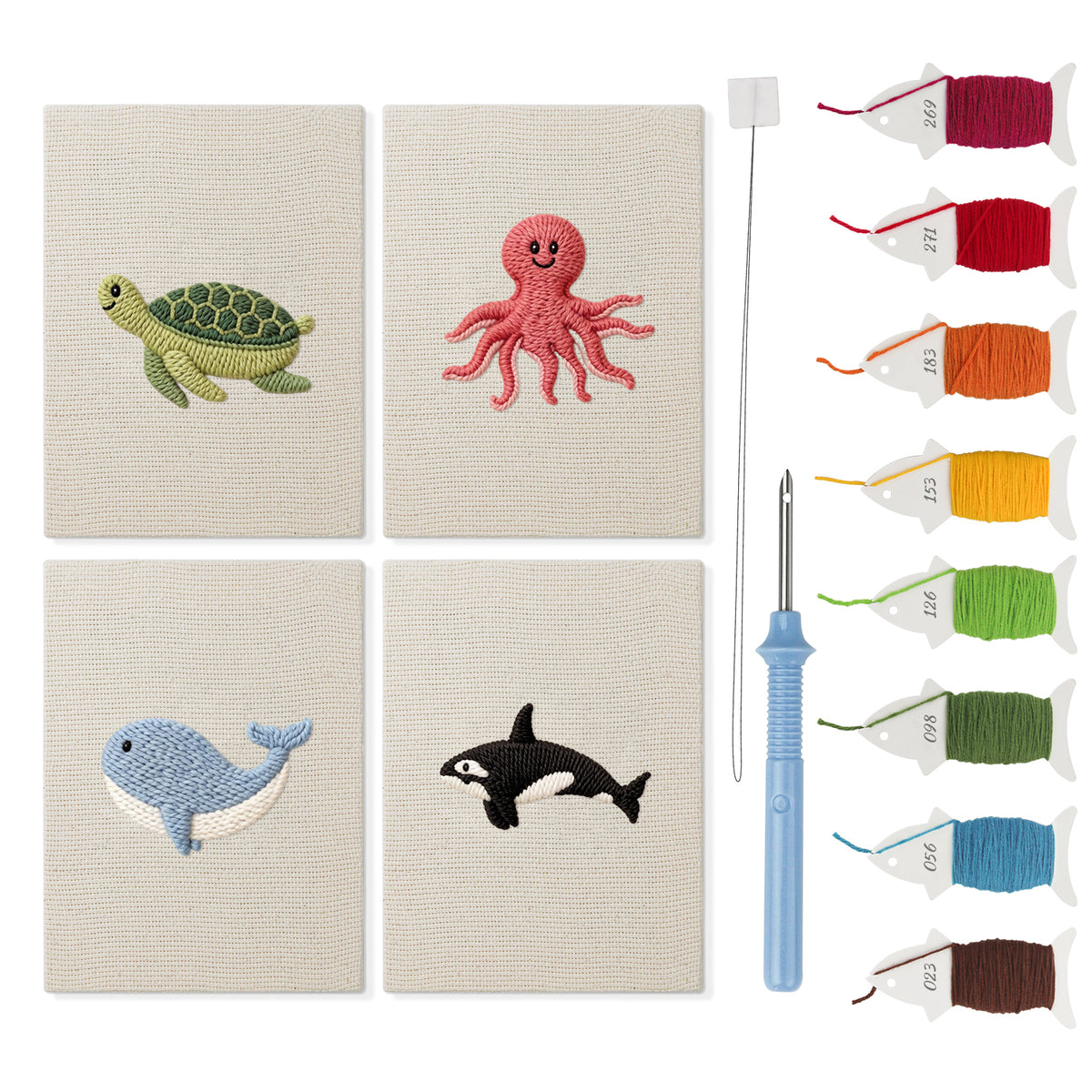 Whale and Orca mini punch needle kit set: four finished canvases with threads, punch needle and threader