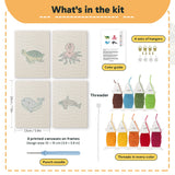 What is in the Whale and Orca set: 4 printed canvases, punch needle, threader, threads, color guide and 4 sets of hangers (6 × 8 in (15 × 20 cm) each)