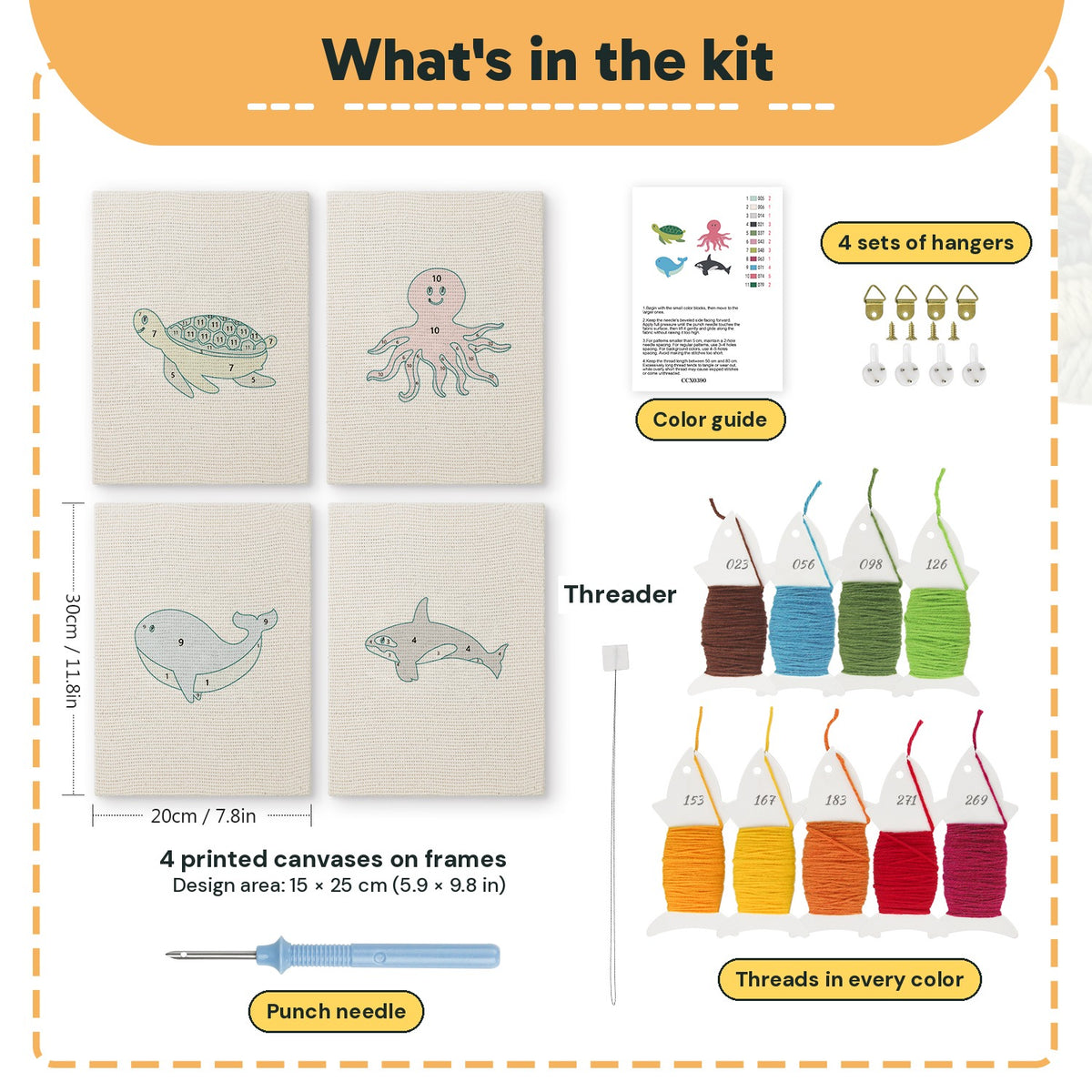 What is in the Whale and Orca set, 8 × 12 in (20 × 30 cm) each: 4 printed canvases, punch needle, threader, threads, color guide and 4 sets of hangers