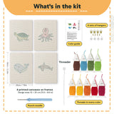 What is in the Whale and Orca set, 8 × 12 in (20 × 30 cm) each: 4 printed canvases, punch needle, threader, threads, color guide and 4 sets of hangers