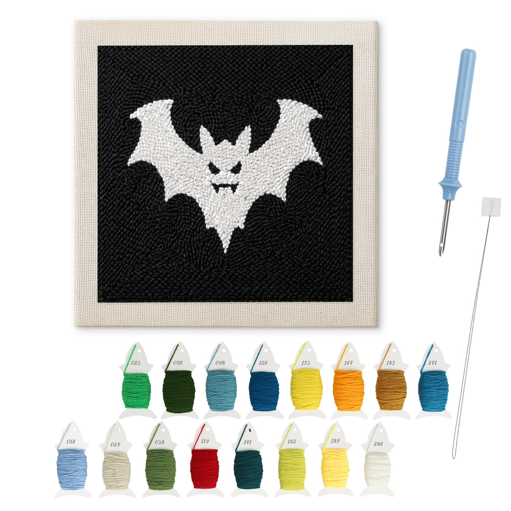 White Bat on Black punch needle kit: finished canvas with threads, punch needle and threader