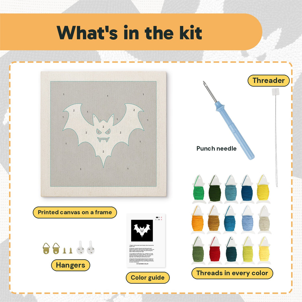 What is in the White Bat on Black kit: printed canvas, punch needle, threader, threads, color guide and hangers