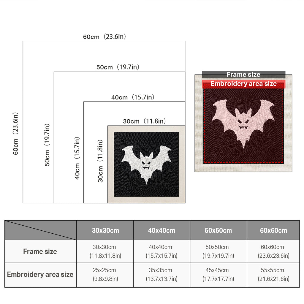Size chart for square punch needle kits from 30 x 30 cm to 60 x 60 cm
