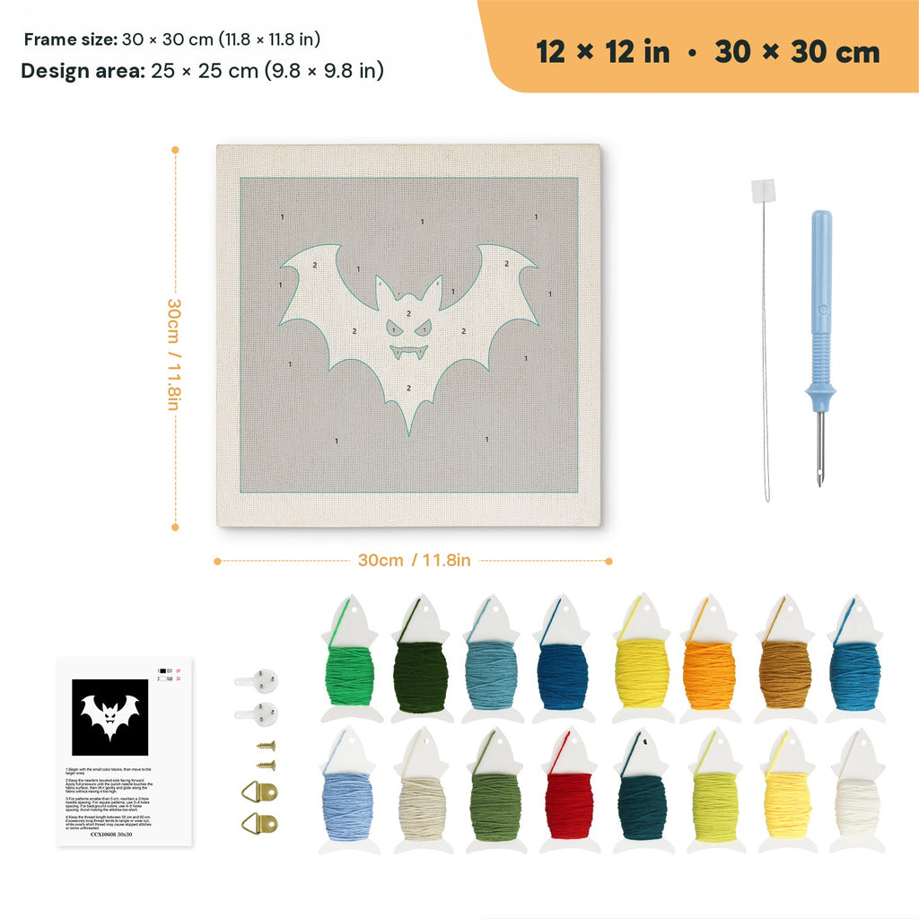 White Bat on Black punch needle kit, 12 × 12 in (30 × 30 cm): canvas size and kit contents