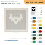 White Bat on Black punch needle kit, 20 × 20 in (50 × 50 cm): canvas size and kit contents