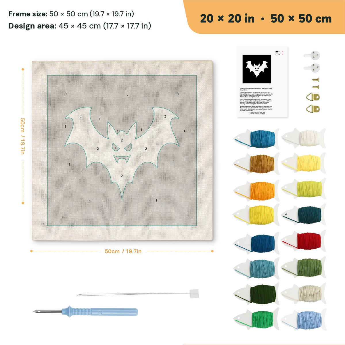 White Bat on Black punch needle kit, 20 × 20 in (50 × 50 cm): canvas size and kit contents