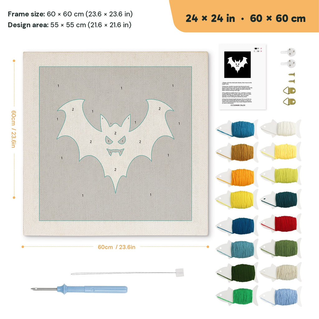 White Bat on Black punch needle kit, 24 × 24 in (60 × 60 cm): canvas size and kit contents