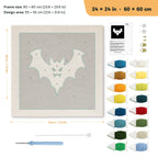 White Bat on Black punch needle kit, 24 × 24 in (60 × 60 cm): canvas size and kit contents
