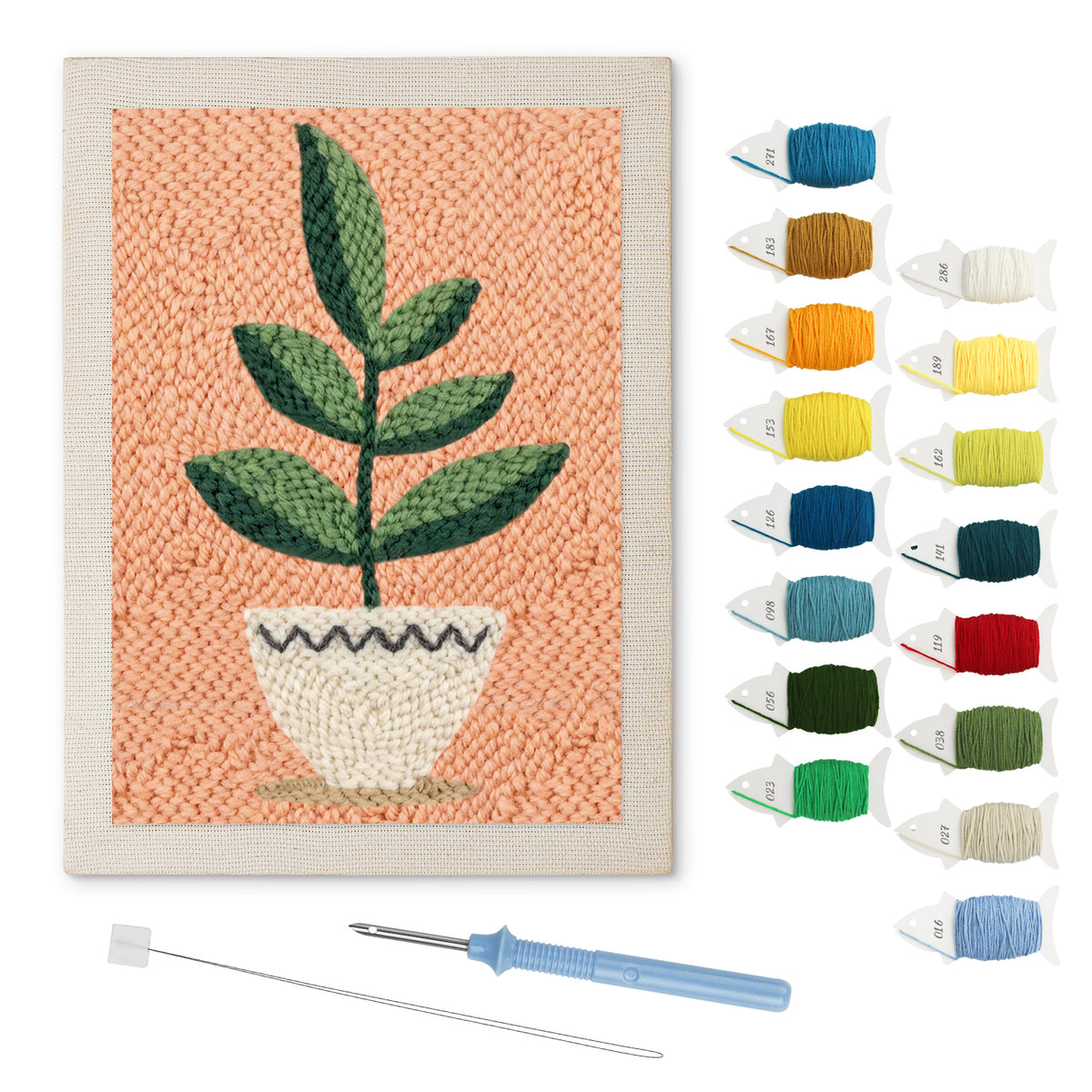 White Pot on Peach punch needle kit: finished canvas with threads, punch needle and threader