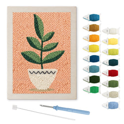 White Pot on Peach punch needle kit: finished canvas with threads, punch needle and threader