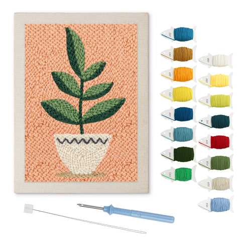 White Pot on Peach punch needle kit: finished canvas with threads, punch needle and threader